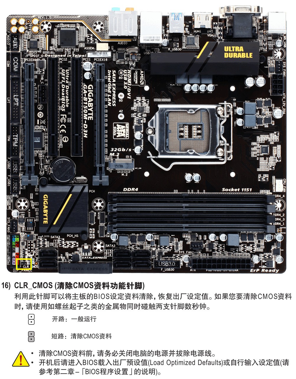 技嘉b150m-d3h主板恢复出厂设置?