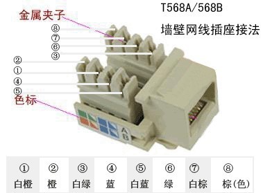 网线暗盒插座接线非常简单,插座样式如下图:正面 插座背面有网线颜色