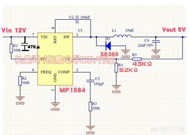 想将12V电压变为5V,若负载电流在百十mA以内,可以采用线性的7805来实现。若负载电流在1~2A,建议采用开关型的LM2576这类IC。下面介绍一款超小型的DC-DC降压模块及其电路原理图,其输出电流可达3A。提问者可以直接选用成品模块,亦可以按图选择元件自己动手制作。 12V转5V电源模块。 这种电源模块采用高效的DC-DC降压器件MP1584设计,整个模块皆用贴片元件焊接,故体积很小,只有22mm X17mm,可以方便的安装在5V产品内部。其接线方法如上图所示,调节贴片电位器,可以调整输出电压,