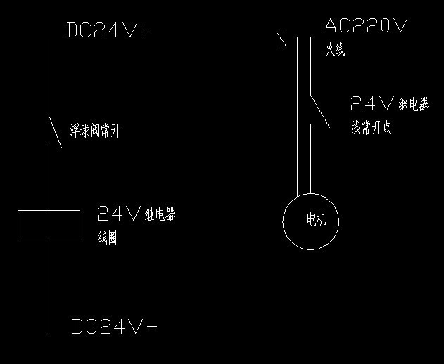 浮球水泵控制電路圖現有220v繼電器1個24v繼電器按鈕一個開關電源板一