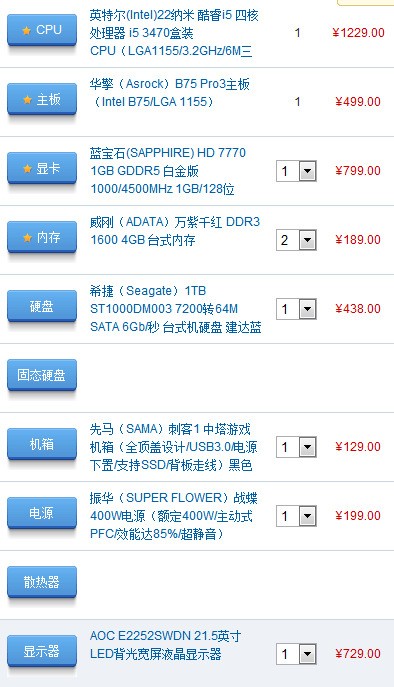 CPU:i5 3470主板:技嘉B75存储空间DDR31600 8G硬盘:希捷1000G显卡:GT430630光驱:三星DVD机箱:金河田电源:航.