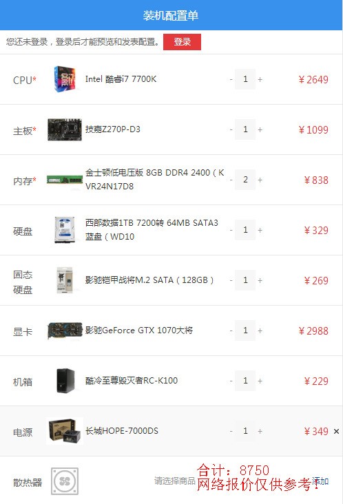 我这套配置大概价钱 全套下来不加显示器9000贵吗