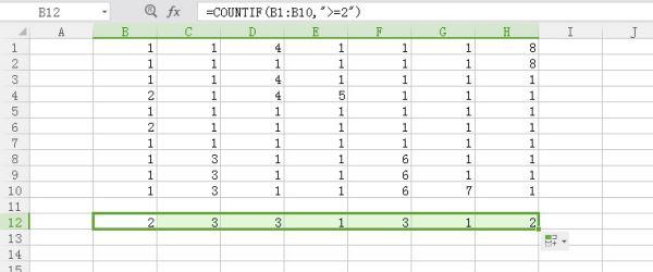 在Excel中怎么筛选多列数中每一列大于等于2的数字个数？