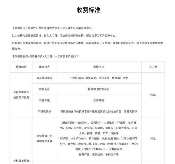 华为售后人工费标准