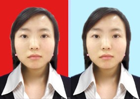 修改相片背景。一红底一蓝底，头发边缘要弄好