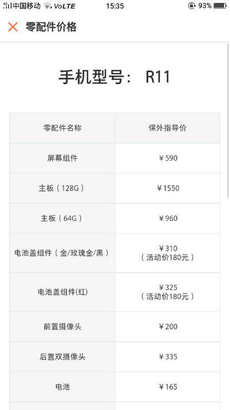 OPPO r 11触屏价钱