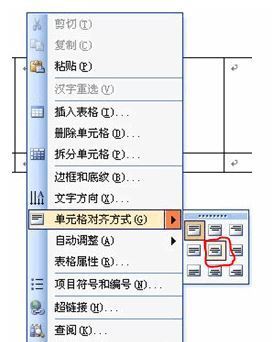 word2003表格中的文字内容水平居中和垂直居中