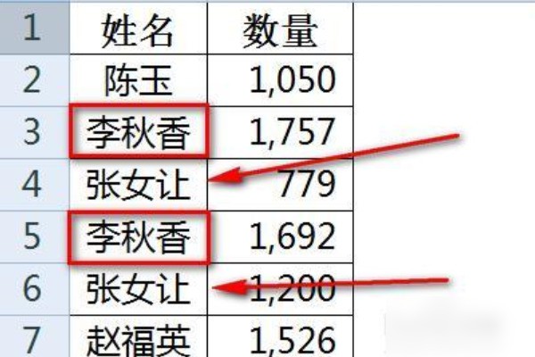 excel 中怎么将多行中两列如果相同时将另一列中的数量相加