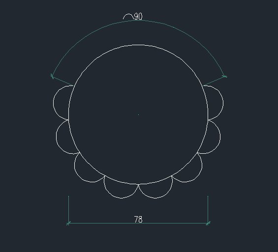 有类践装关CAD的 一个直径为78的圆 肿么在圆上画出八个圆弧 使最左边的圆弧和最右边的圆弧距离为90