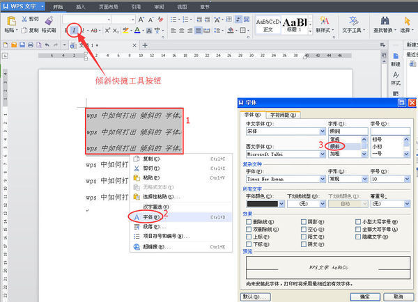 wps 中来自怎么打出 倾斜的 字体