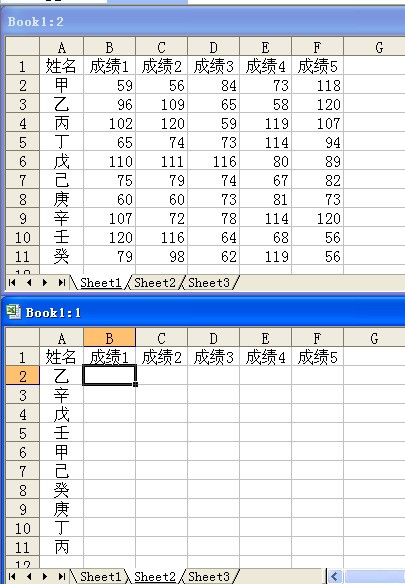 5 两张EX来自CEL成绩表格，姓名相同，但次序不样，如何将其中一张表的成绩一次性读入另一表中相对应的