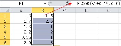 求excel怎么用函数做到小数点后一位数小于5就取5，大于等于5就进一位。