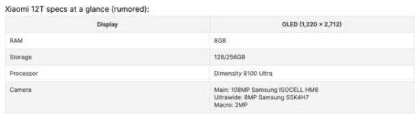 小米12T硬件参数曝光 天玑8100配1亿像素主摄