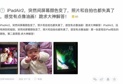 ipad air 2屏幕出现问题 色彩像油画变绿色 失真